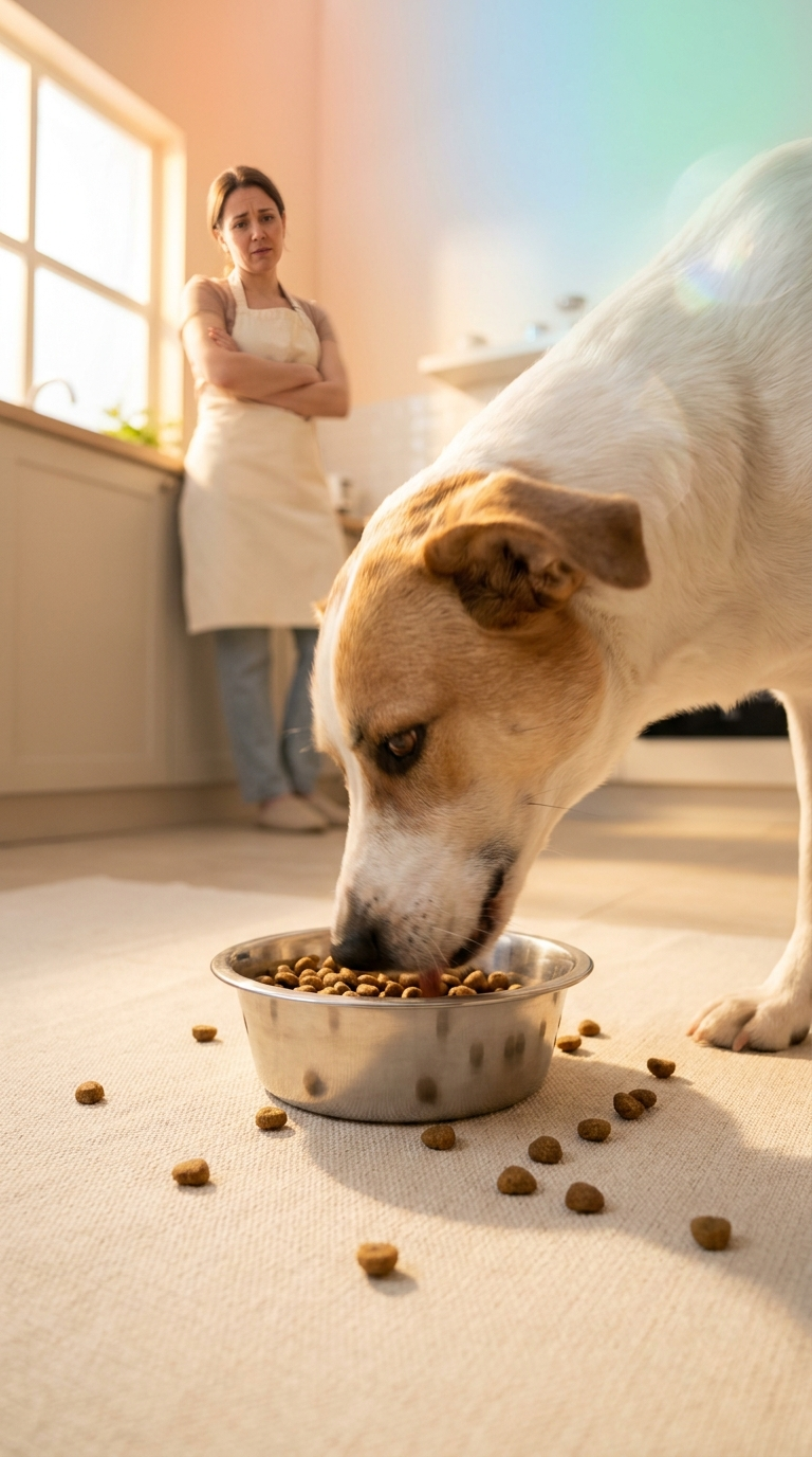Dog inhaling kibble from a stainless steel bowl