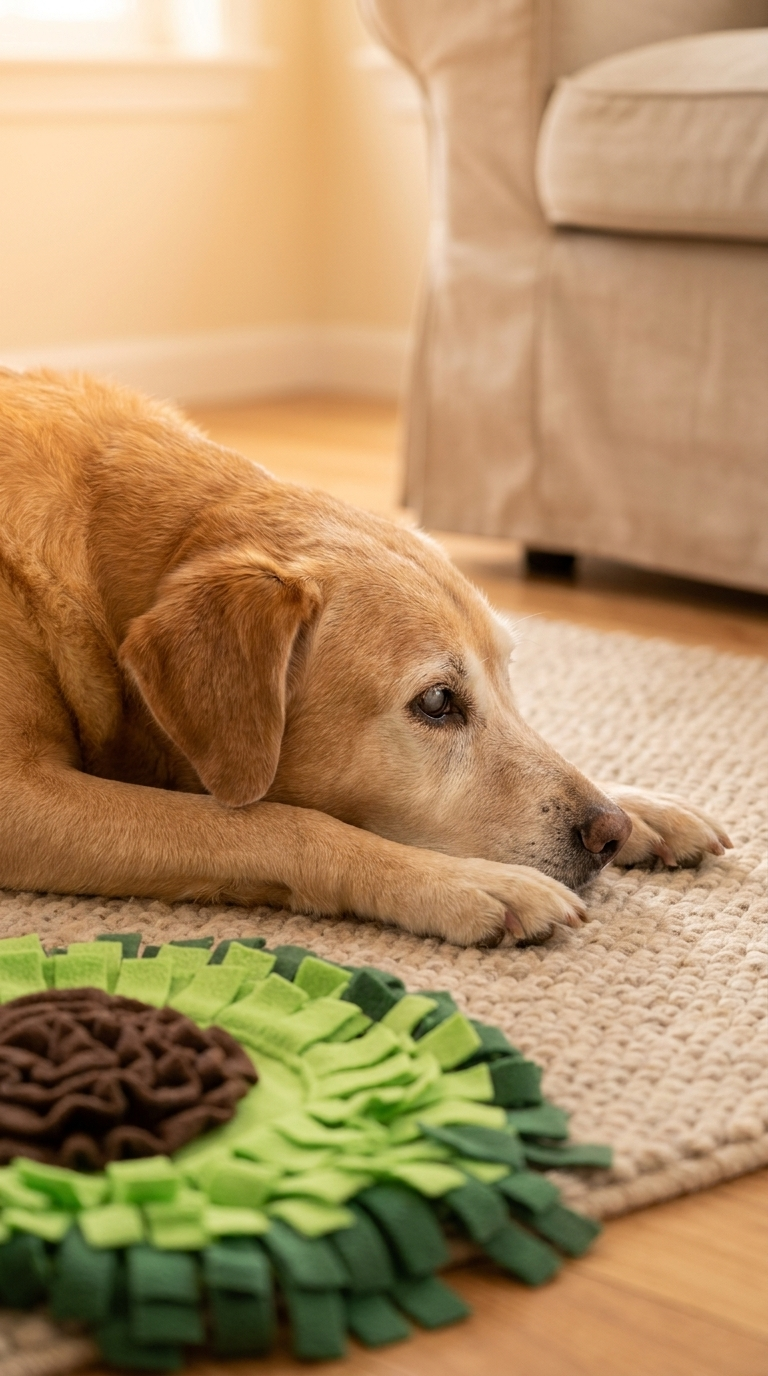 White-muzzled senior dog resting on a beige rug