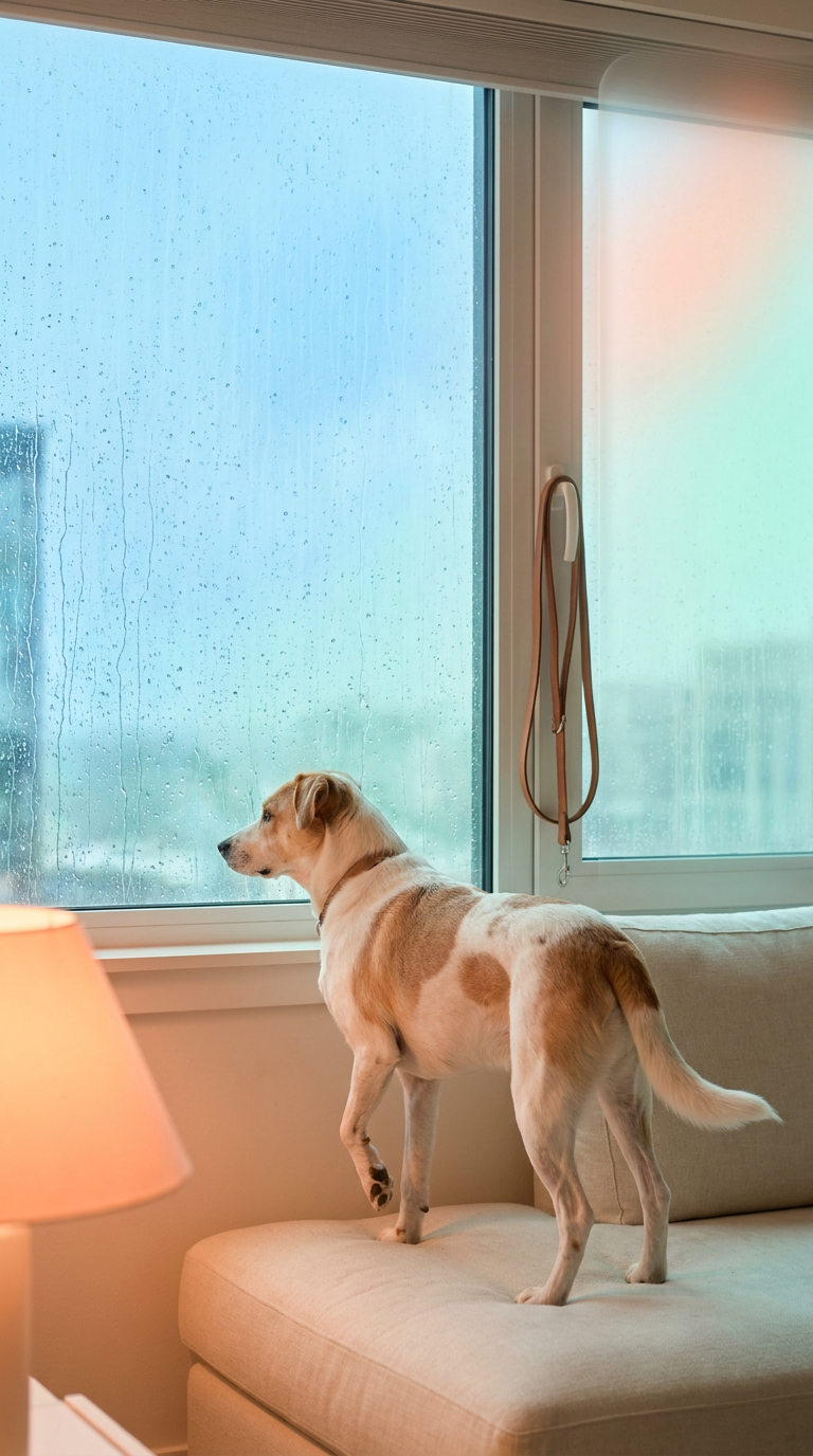Dog by the window on a rainy day
