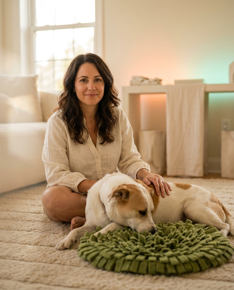 Marisol, founder of SniffNest, with her calm rescue dog on an avocado-shape snuffle mat