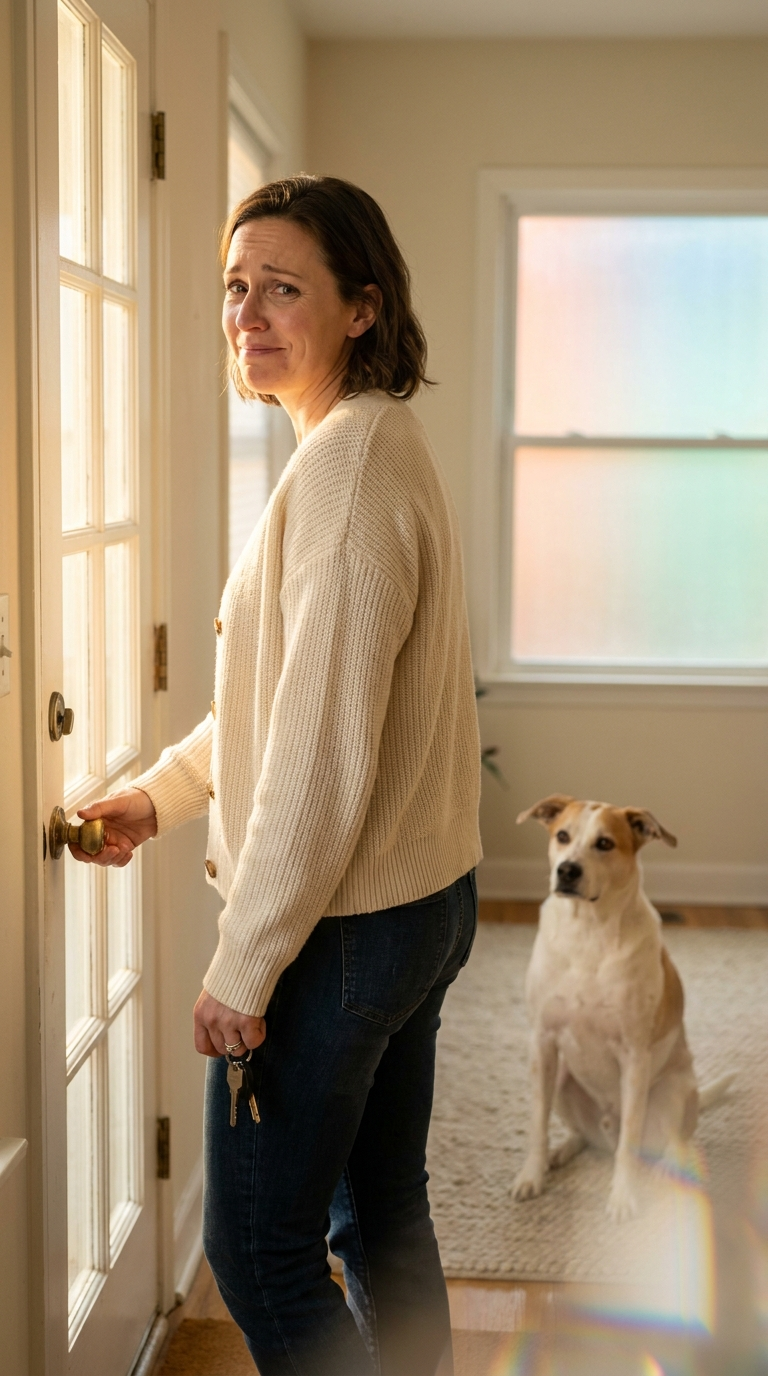 Woman at front door looking back at her dog across the room