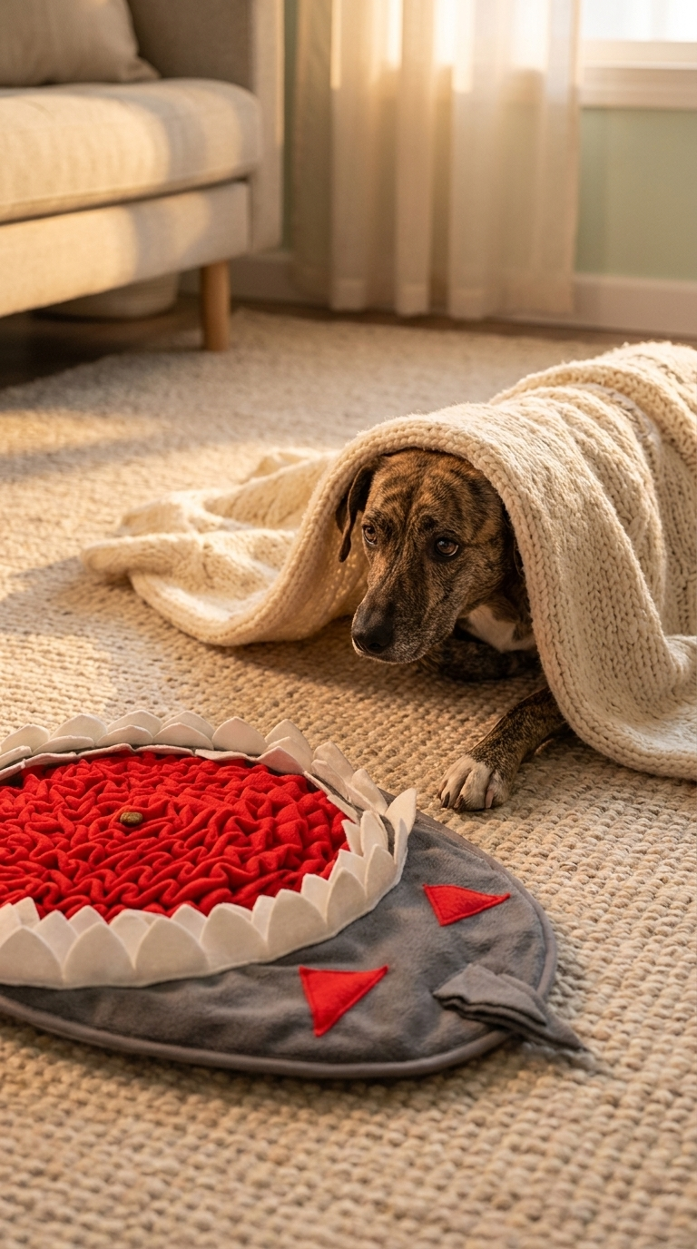 Shy rescue dog peeking out from a cream blanket