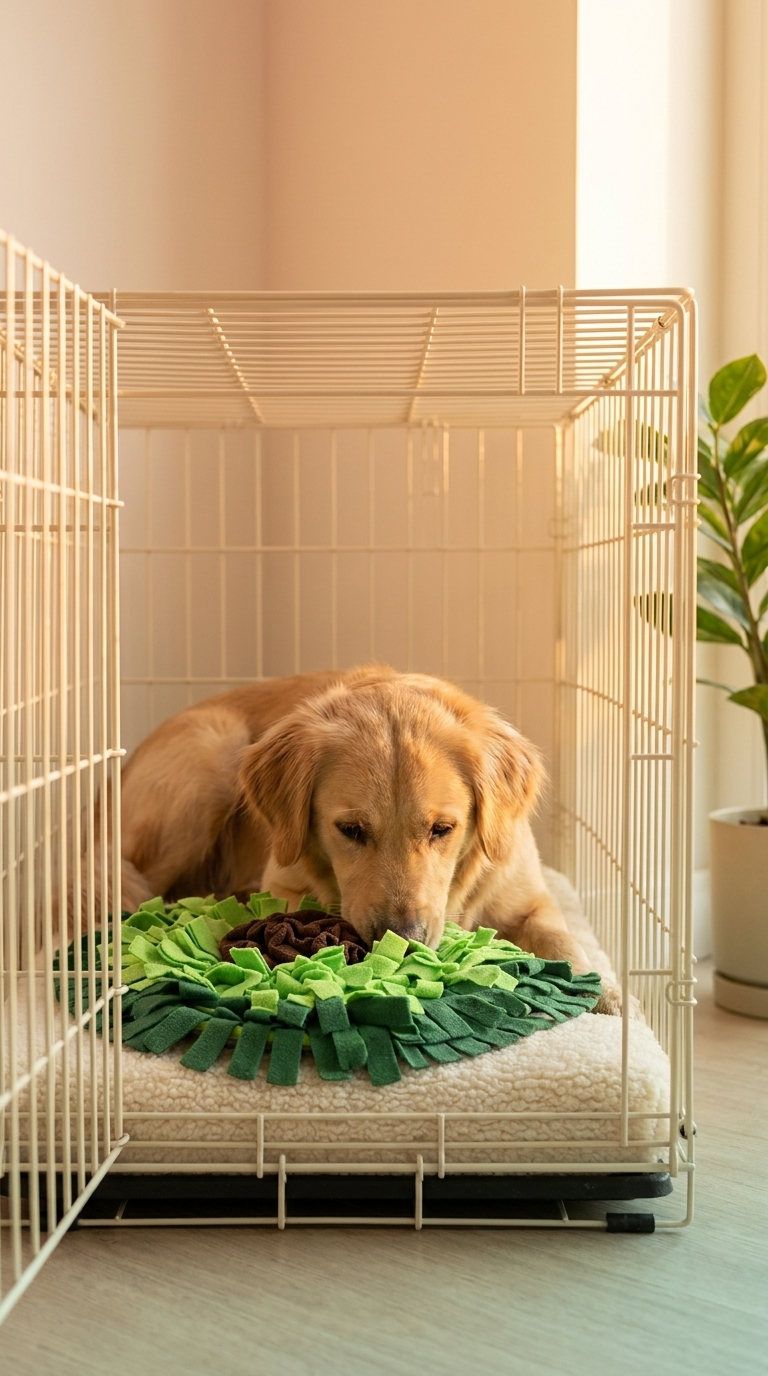 Calm dog inside an open cream crate with a snuffle mat